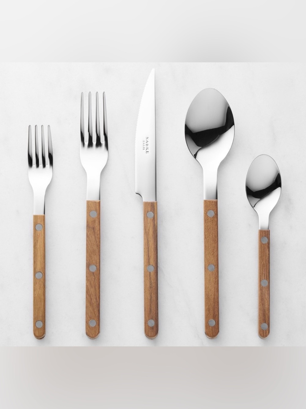 Sabre Paris Bistrot Teak Wood Flatware 20 pc Set, New in Open Boxes, Retail $479